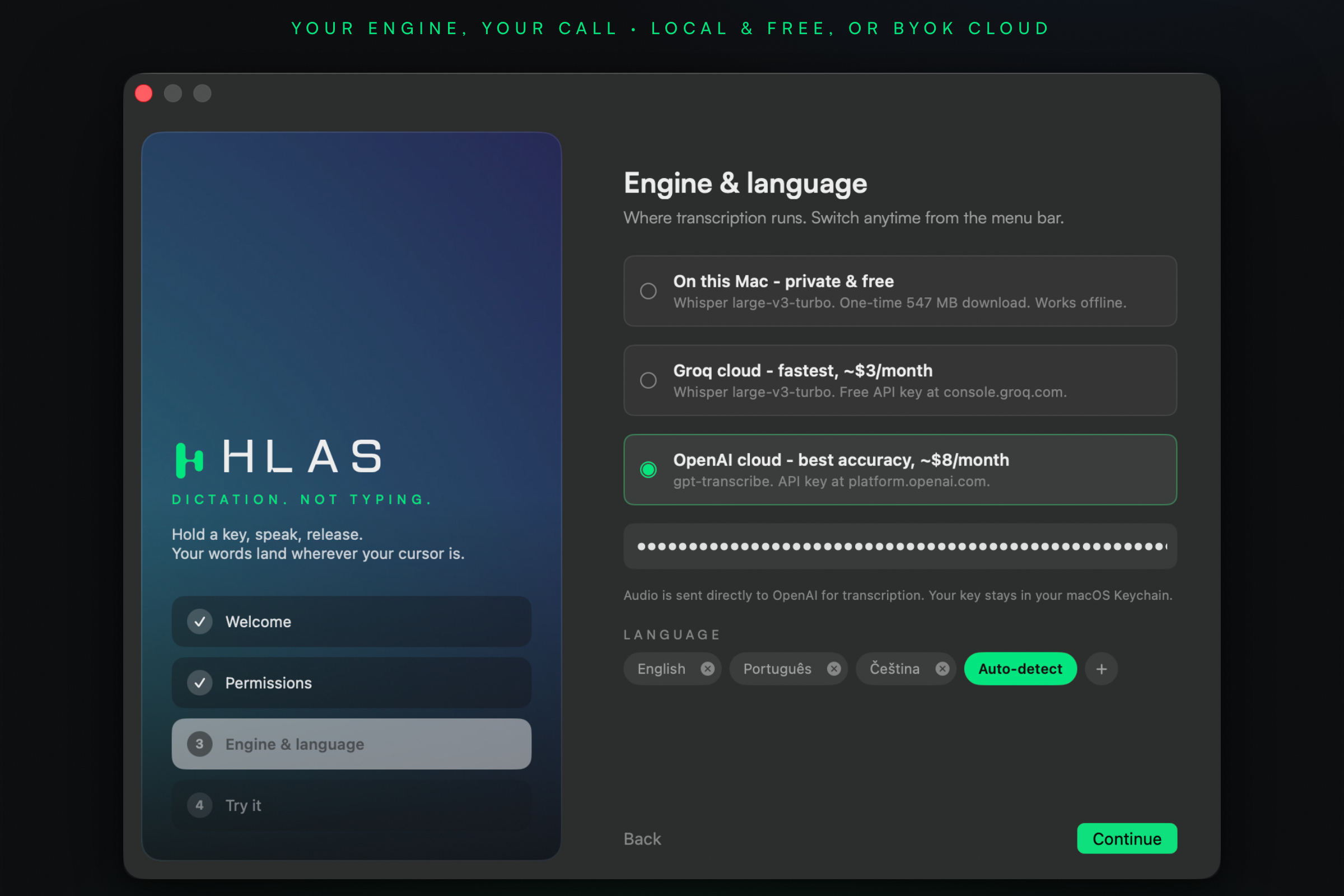 Hlas onboarding — engine and language selection