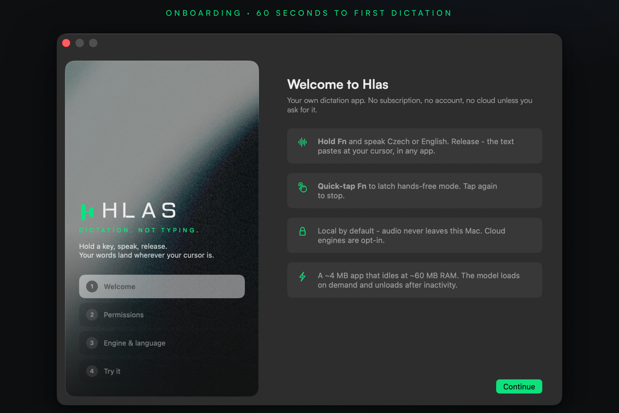 Hlas onboarding — welcome step